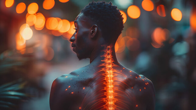 Spinal health visualization Man spinal instability due to hypermobility syndrome glowing depiction of overly flexible vertebrae causing pain