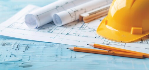 Architectural blueprints and safety helmet on a desk, symbolizing construction planning and engineering design concepts.