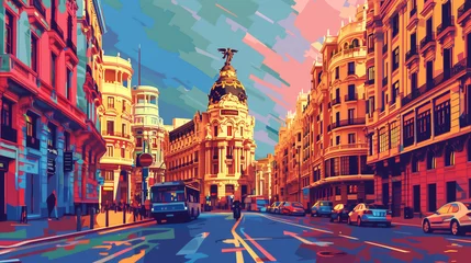 Beautiful realistic drawing of the cityscape of Madrid, Spain. Generative AI.