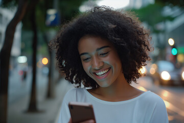 Lovely African American young woman smiling standing outdoors using her smartphone. Generative AI.
