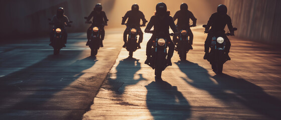Obraz premium Group of motorcyclists driving through city streets at dusk. Wide view. Generative AI.