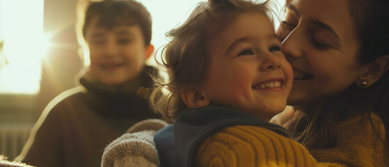 Portrait of a smiling mother having fun with her two children at home. Wide view. Generative AI.