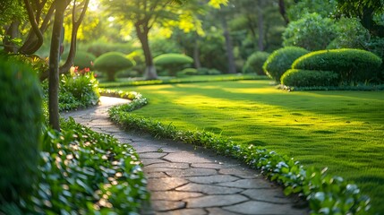 Obraz premium Serene Garden Pathway Bathed in Golden Sunlight