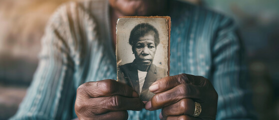 Hands of an elderly woman showing a photo of her younger self. Wide view. Generative AI.