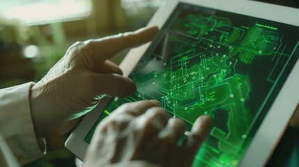 ESG concepts for environment society and governance Businessman uses iPad to analyze ESG in business investment strategy concept which the screen shows with a green graph : Generative AI