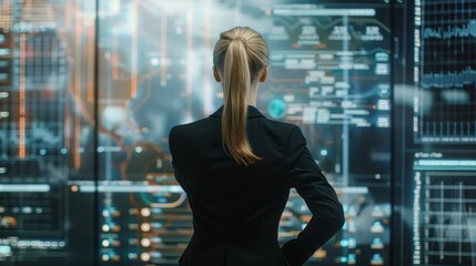 Female CEO in black suit, torso view, reviewing global trade report, modern office backdrop, representing global commerce expertise, cybernetic tone, Analogous Color Scheme