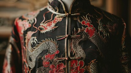A Chinese Qipao, with its sleek design and high collar, featuring dragon motifs that signify power and mystery