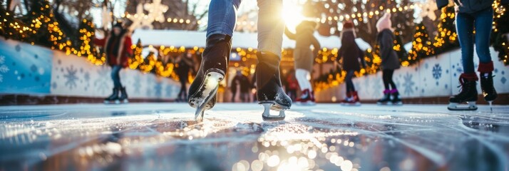 A group of people ice skate on a festive outdoor rink, enjoying the winter season. The rink is decorated with lights and the sun shines brightly