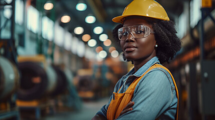 Female worker in work helmet looking at camera while working in the factory. Generative AI