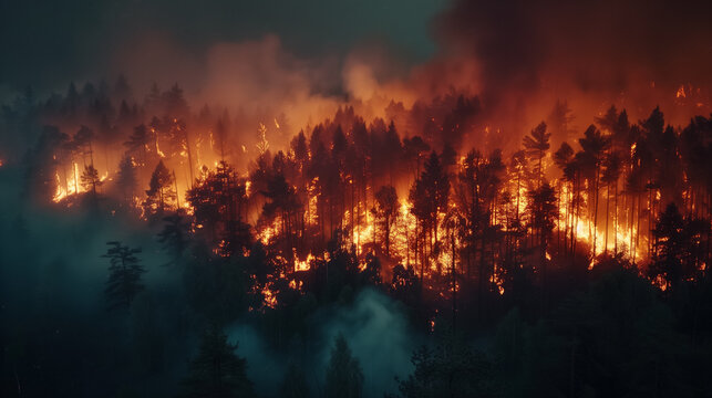A forest burning with burning trees against the night sky. Generative AI.
