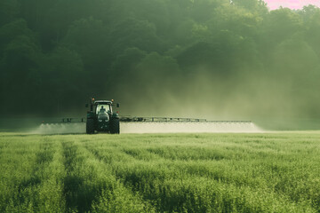 Fototapeta premium Closeup of agricultural tractor plowing and spraying on green field. Generative AI.