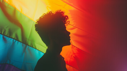 Silhouette of a young man in profile over the rainbow flag symbol of the LGBT movement Generative AI