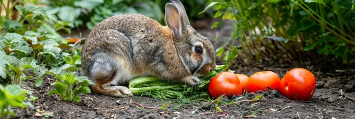 A large, overweight rabbit is pictured enjoying a meal of fresh vegetables in a lush garden setting