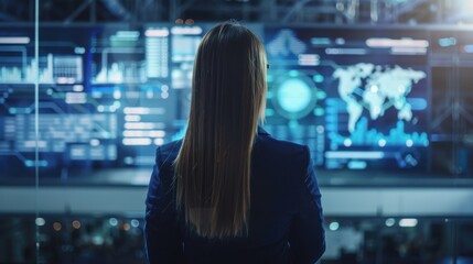 Female CEO in navy blue suit, torso view, reviewing global trade report, modern office backdrop, representing global commerce expertise, cybernetic tone, Analogous Color Scheme