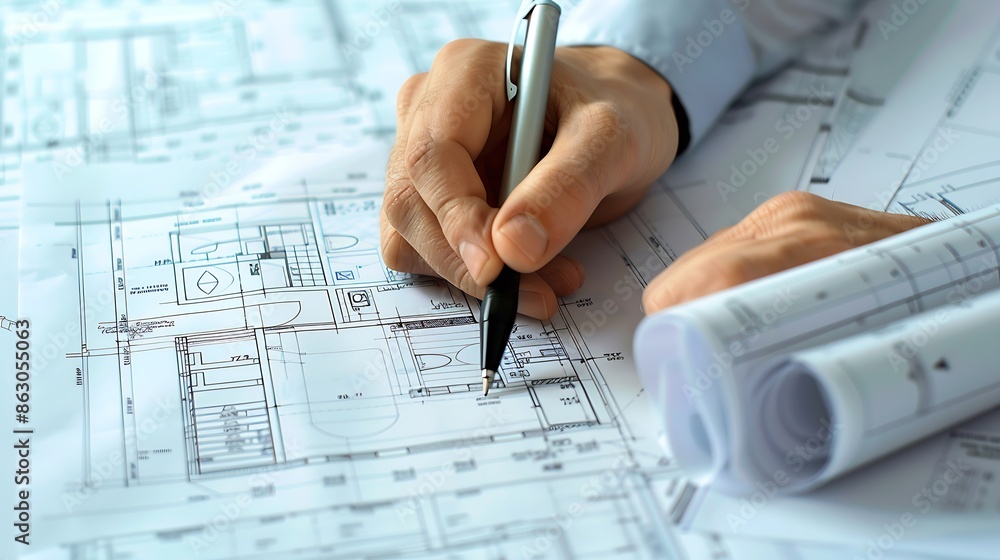 Poster architect working with blueprints closeup of hand and pen : generative ai