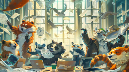 A bustling office scene with animals moving quickly, papers flying, and one multitasking with...