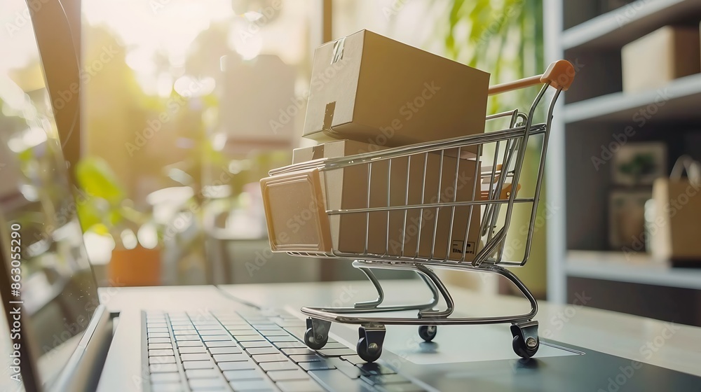 Poster Online shopping home delivery Brown paper boxes in a shopping cart with laptop keyboard on table office Easy shopping with finger tips for consumers ecommerce and customer experience c : Generative AI