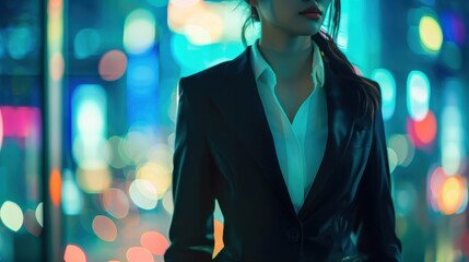 Female CEO in black suit, torso view, networking at global forum, sleek conference room backdrop, symbolizing global corporate influence, digital tone, Triadic Color Scheme