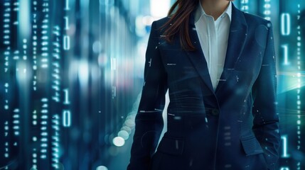 Female CEO in navy blue suit, torso view, binary code backdrop, modern office setting, representing digital transformation, cybernetic tone, Analogous Color Scheme