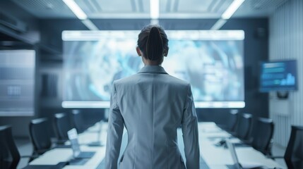 Fototapeta premium Female CEO in light grey suit, torso view, leading global strategy meeting, hightech boardroom backdrop, showcasing international leadership, scifi tone, Monochromatic Color Scheme