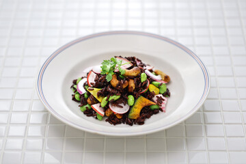 black purple rice (Thai riceberry) salad, vegan cuisine
