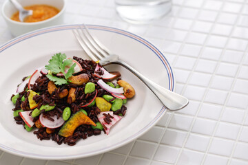 black purple rice (Thai riceberry) salad, vegan cuisine