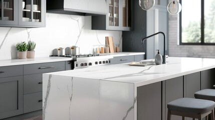 A kitchen detail with grey cabinets white marble countertops and waterfall island and stainless steel appliances No brands or labels : Generative AI