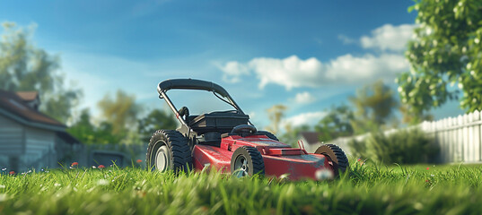 A red and black lawn mower sits on green grass in a backyard under a blue sky on a sunny day.