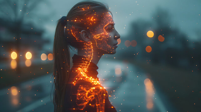 Spinal health visualization Woman experiencing spinal pain due Ewing's sarcoma glowing depiction of malignant bone tumors affecting the spine