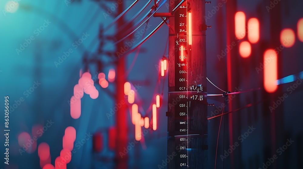 Leinwandbilder electric pole and red blue light and index number and graph of stock market energy business abstract