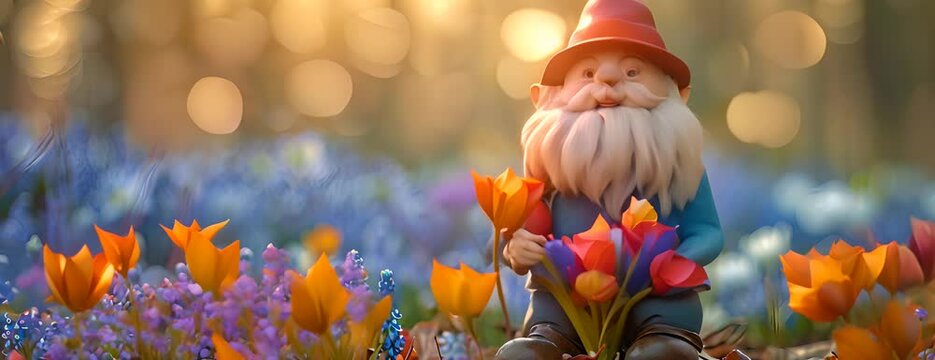 Garden gnome with long white beard planting Spring flowers. 4K Video
