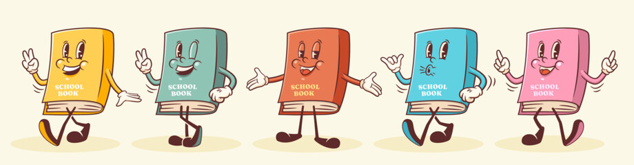Groovy Back to School Retro Characters Set. Cartoon Book Walking and Smiling. Vector Education Mascot Templates Collection. Happy Vintage Cool Learning Personage Illustrations Isolated