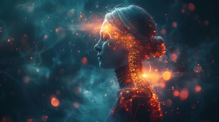Fototapeta premium Spinal health visualization Woman experiencing spinal pain due degenerative spondylolisthesis glowing depiction of vertebrae slipping forward