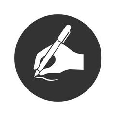 Writing hand glyph icon. Silhouette symbol. Hand holding pen or pencil. Copywriting. Text editing. Negative space. Vector isolated illustration