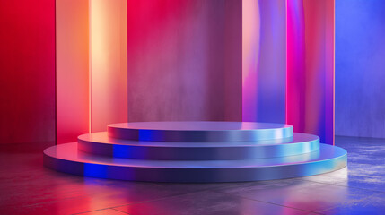 Modern podium with vibrant red and blue lights, perfect for showcasing products or presentations in a contemporary setting.