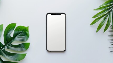 Mobile phone with a white screen placed on a white background, top view