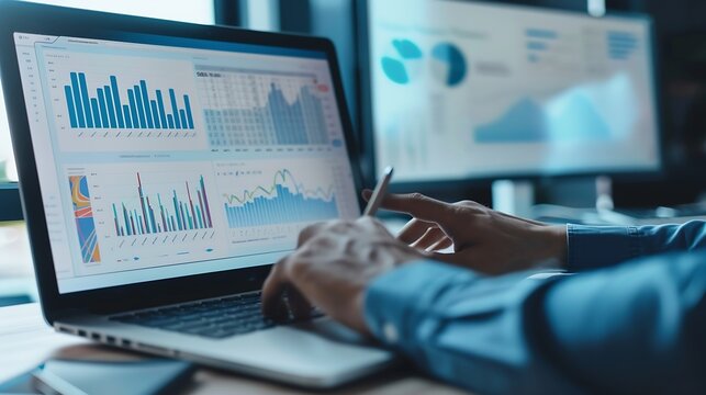 Business intelligence and data analysis concept Analyst team working on financial data analysis dashboard on laptop screen as marketing indication for effective business strategic plan : Generative AI