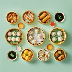 Assortment of Delicious Chinese Dim Sum Dishes in Bamboo Steamers with Dipping Sauces on a Green Background