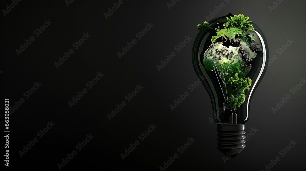 Poster a light bulb with a green world map symbolizes renewable and sustainable energy sources for environm