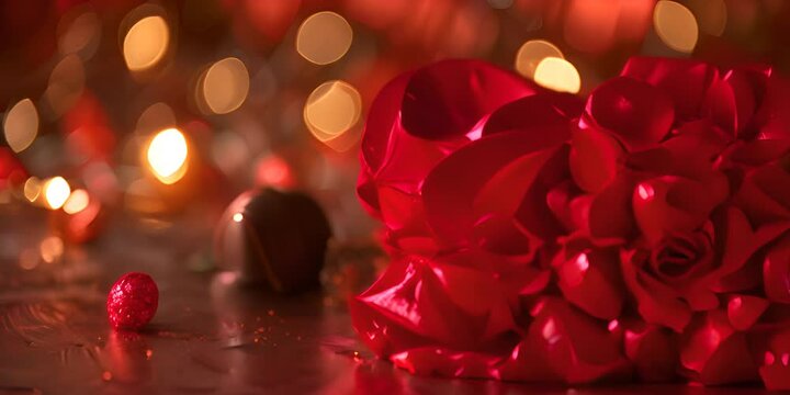 ramo de rosas rojas y chocolates regalos por el dia de san valentin y luces brillantes 4K Video