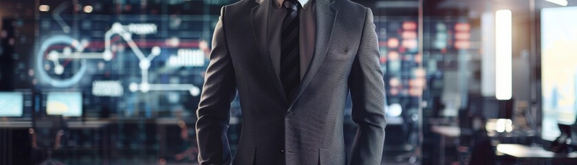 Obraz premium Male CEO in charcoal grey suit, torso view, data flow chart backdrop, futuristic city setting, highlighting data analysis, advanced tone, Tetradic color scheme