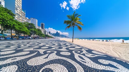 Beautiful Beachfront Promenade with Artistic Pavement and Palm Tree at Sunny Coastal City. Urban beach scene under vibrant blue skies. Perfect for travel and summer themes. Abstract design. AI