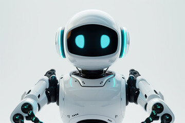 White cute robot looking to camera standing on white background. Generative AI.