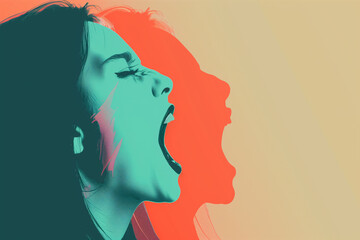 Drawing of a woman face in profile with her mouth open screaming on pastel background. Generative AI