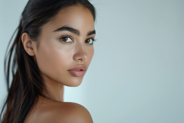 Fototapeta premium Face of a beautiful Hispanic woman with perfect skin in profile on pastel background. Generative AI.