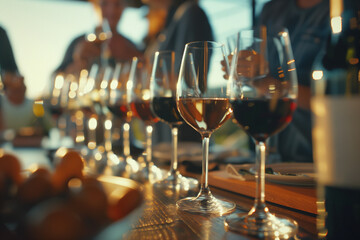 Closeup glasses of wine on a table during a wine tasting people blurred at background. Generative AI