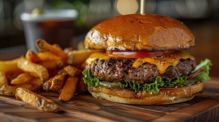 Juicy burger with melted cheese, lettuce, and tomato served with a side of crispy fries on a wooden board.