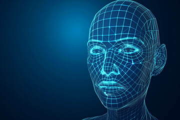 Obraz premium Three-dimensional conceptual wireframe of a human head on blue copy space background. Generative AI