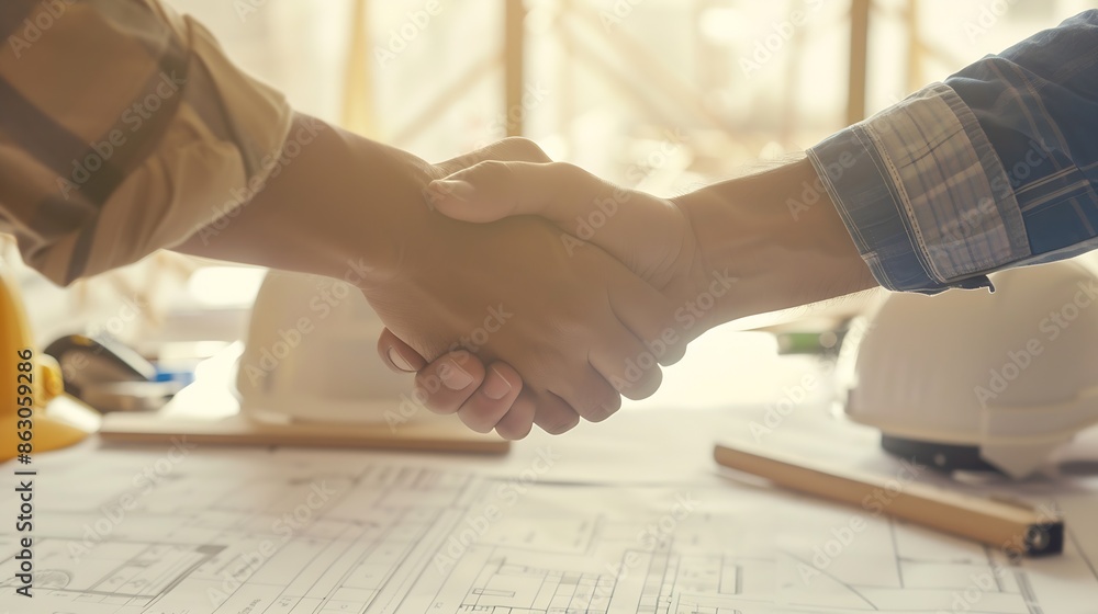 Leinwandbilder construction engineer handshake with businessman contractor over architecture design blueprint on me