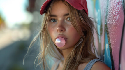 trendy beautiful long haired young model posing on graffiti background. Blow bubblegum. red cap. grey t-shirt